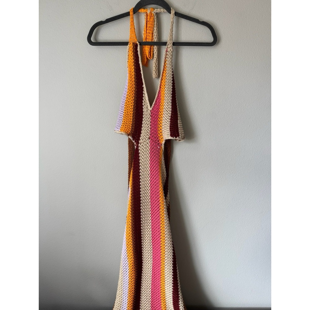 Lulus Sunny Crochet Halter Midi Dress Womens Multicolor Striped Knit Size XL